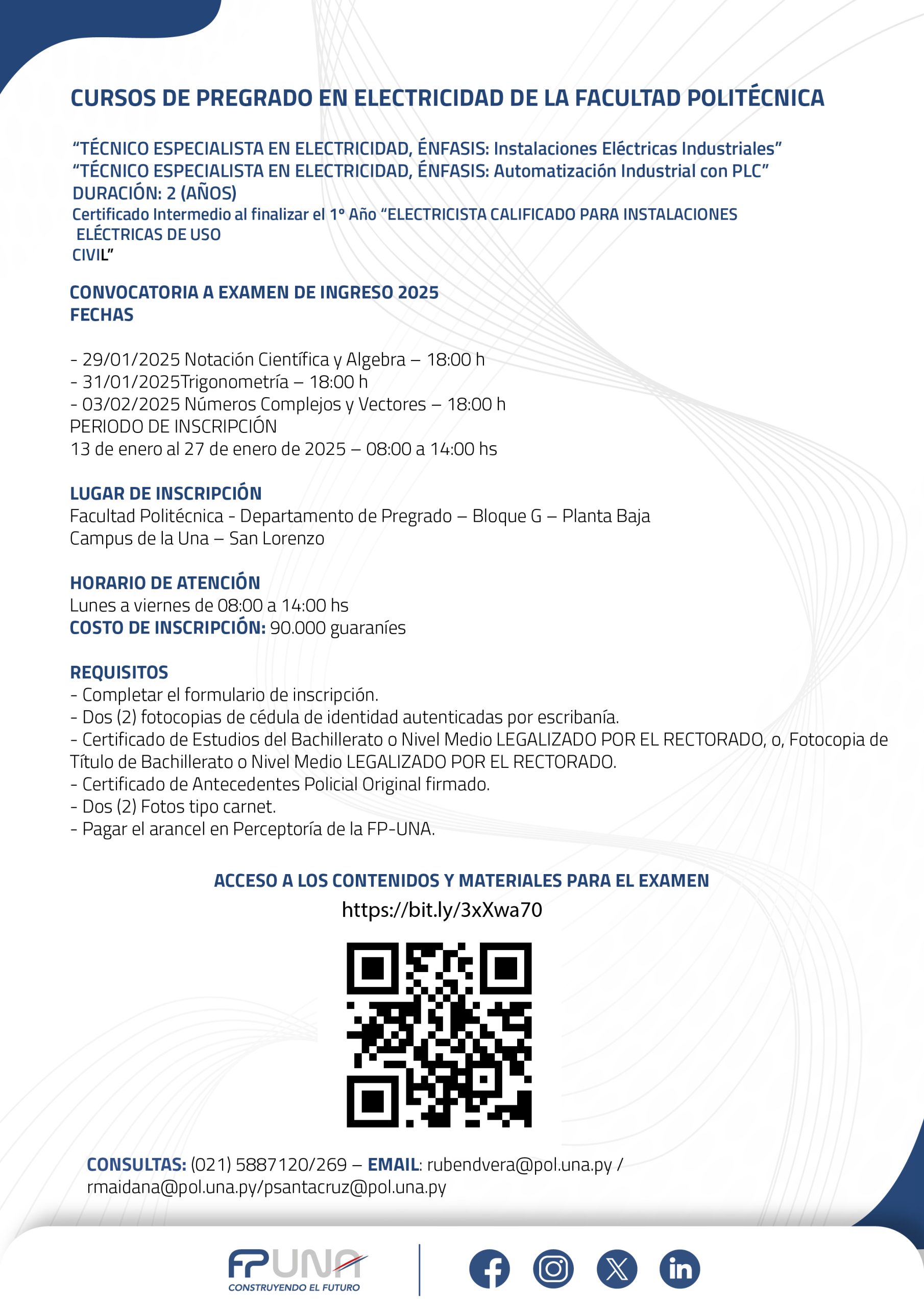 Convocatoria a examen de ingreso - Cursos de Pregrado en Electricidad ...
